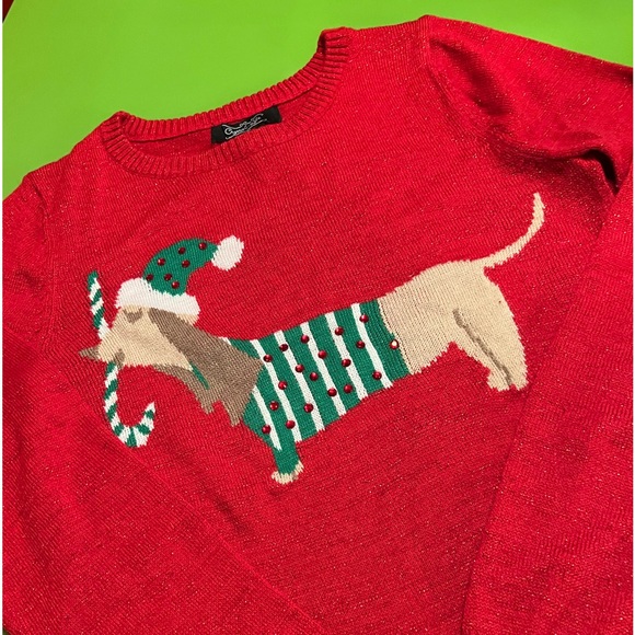S Dachsund Wiener Dog Christmas Sparkle Sweater candy cane stripes holiday - Picture 1 of 5